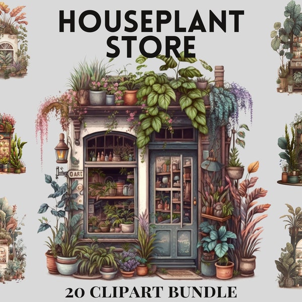 House Plant Shop Clipart Bundle, magic store , watercolour shop illustration, cute store, cozy ,trend png, commercial use, scrapbooking