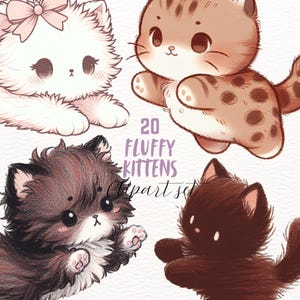 schattig pluizig kitten clipart set, schattige speelse kitten stickers, kawaii png transparant, instant download, kinderkamer kunst, kinder pod afbeelding