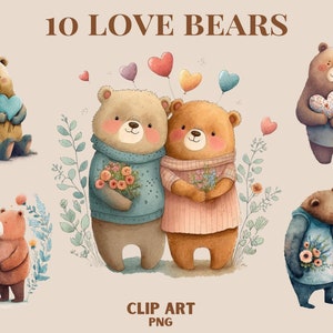 Watercolour Valentines day Love Bears clipart, valentine png, love bears png, romantic clipart, cute clipart, Valentines clipart, commercial