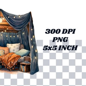 Puede incluir: Una ilustraci&oacute;n de acuarela de una cama acogedora con un dosel azul, almohadas, una manta y luces de cadena. La cama est&aacute; sobre un fondo blanco con un patr&oacute;n a cuadros.
