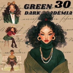 Forest Green Dark Academia outfit adesivi digitali, journaling estetico, png femminile scuro, adesivo stravagante, trasparente, scrapbooking,