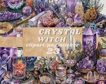 May include: A watercolor illustration featuring crystals, candles, and other mystical items. The image includes amethyst crystals, candles, a magnifying glass, and the text "CRYSTAL WITCH clipart/png/sticker 23". The color palette is dominated by purples, blues, and golds.