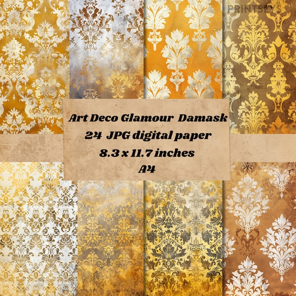 Distressed Gold Damask Digital Paper, rustic vintage textured paper, scrapbooking grunge textures,Gold and silver paper instant download