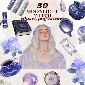 Może przedstawiać: Zbiór 50 cyfrowych obrazów clipart z magicznym motywem księżycowej czarownicy. Obrazy przedstawiają czarownicę z długimi białymi włosami, książkę, kocioł, kompas, kryształową kulę, księżyc, filiżankę do herbaty, lustro, klepsydrę i kwiaty.