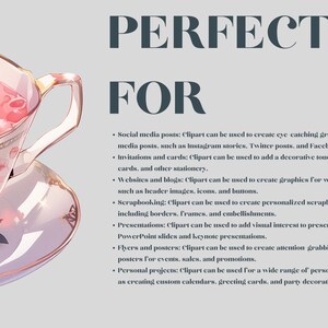 Op de afbeelding: Waterverfillustratie van een theekopje gevuld met roze thee en bloemaccenten. De afbeelding bevat de tekst "PERFECT FOR" en een lijst met toepassingen voor clipart, zoals social media posts en uitnodigingen.