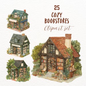 Könnte beinhalten: Ein Set mit 25 Aquarell-Illustrationen von gemütlichen Buchhandlungen. Jede Illustration zeigt ein einzigartiges Gebäude mit einem charmanten Äußeren, überquellenden Bücherregalen und üppigem Grün. Die Illustrationen sind perfekt, um jedem Projekt einen Hauch von Verspieltheit und Charme zu verleihen.