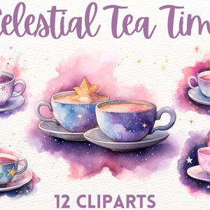 Puede incluir: Ilustración en acuarela de tazas y platillos celestiales con diseños de estrellas y galaxias. La imagen incluye el texto "Celestial Tea Time" y "12 Cliparts". Las tazas son de color azul, morado y rosa.