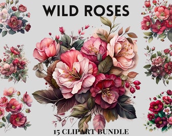 Lot de cliparts aquarelle de roses sauvages, roses roses, rouges, clipart floral, clipart fleurs sauvages, téléchargement immédiat