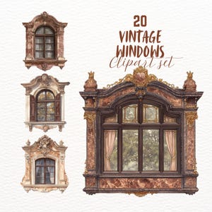 Könnte beinhalten: Eine Reihe von Aquarellillustrationen von Vintage-Fenstern in verschiedenen Stilen. Die Fenster weisen verzierte architektonische Details auf, darunter gewölbte Oberteile, Fensterläden und dekorative Verzierungen. Die Farbpalette umfasst Brauntöne, Gold und Creme. Text: "20 Vintage Windows Clipart set."
