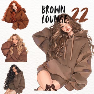 Brown Relaxed sweatshirt Girls Clipart Set, Cozy fashion PNG Sticker Bundle, Oversized hoodie Digital Download, Feminine Aesthetic Graphic
