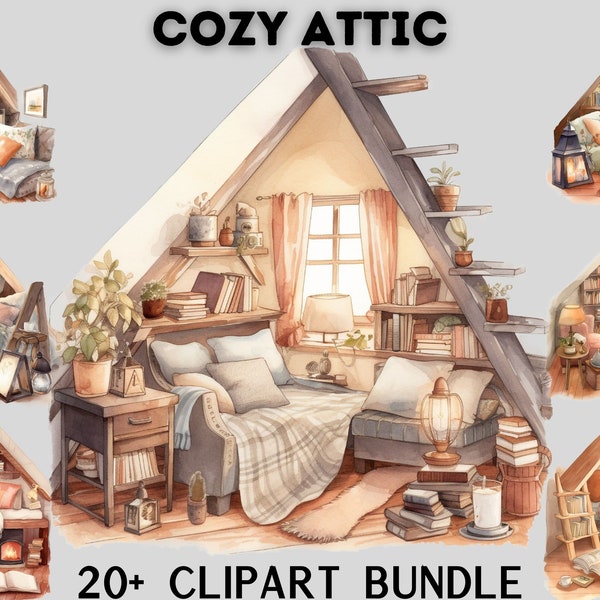 Watercolour Cottagecore Cozy attic Clipart Bundle , Cottage living, reading nook, countryside, chickens, rustic living, simple, cozy