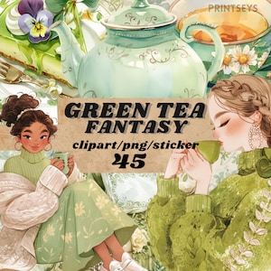 Grüner Tee Fantasy digitale Aufkleber, feminines Journaling, gemütlich weich girly Herbst png, wunderliche Aufkleber, transparent, selbstfürsorge scrapbooking