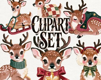 Reindeer Fawn Clipart PNG, Cute Christmas Woodland Animal, Cozy Winter Cottagecore Deer, Charming Crayon Holiday Graphics