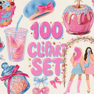 May include: A digital illustration set featuring pink and blue themed items including a cake, beret, candy apple, iced drink, glass jar with crystals, cherries, bows, and two figures standing under an archway with the text 100 CLIPART SET.