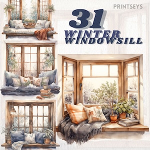 Accogliente pacchetto di clipart Winter Windowsill, finestra invernale, scrapbooking, libri, paesaggi invernali, inverno trasparente e accogliente, cottagecore, piante d'appartamento