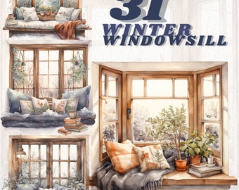 Mysig vinterfönsterbräda clipart-paket, vinterfönster, scrapbooking, böcker, vinterlandskap, transparent, mysig vinter, cottagecore, krukväxter
