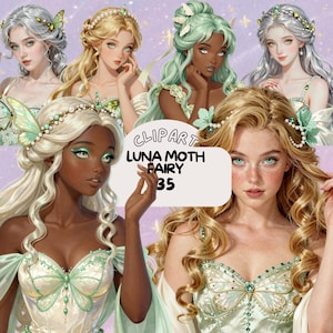 Puede incluir: Clipart digital con seis ilustraciones de hadas con alas de mariposa y adornos florales. Las hadas tienen varios tonos de piel y colores de cabello, incluyendo rubio, plateado y verde. El texto "CLIPART LUNA MOTH FAIRY 35" se muestra sobre un fondo blanco.