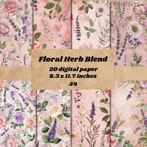 Papel digital Wildflower Herbal Mix, fundo da natureza, papel de scrapbooking, flores silvestres e ervas em um fundo rosa suave