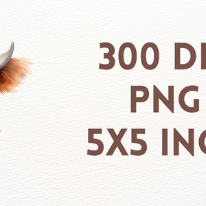 May include: A watercolour illustration of a Highland cow's head with brown fur and a white nose. The image is 5x5 inches and 300 DPI.
