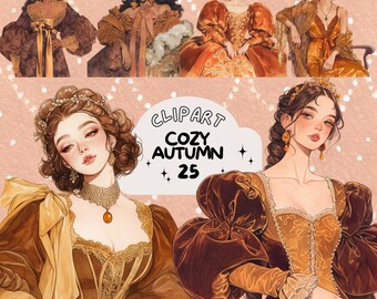 May include: Watercolor clipart featuring illustrations of women in elegant, vintage-style gowns in shades of brown, gold, and orange. The image includes the text "CLPART COZY AUTUMN 25" in a white cloud-shaped design, suggesting a fall or autumn theme.