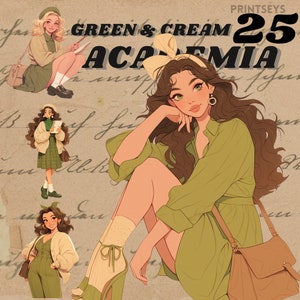 Green and Cream Light Academia outfit digital stickers,summer journaling, romantic girly png, whimsical sticker, transparent, scrapbooking,