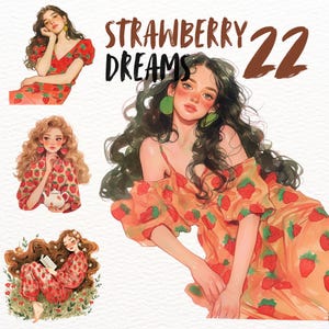 Gezellige zomer aardbei print mode meisjes clipart set, gezellige mode png-stickers, ontspannen set digitale download, vrouwelijk esthetische afbeelding