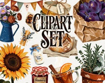 Autumn Market Clipart, Fall Farmers Market PNG, Cozy Harvest Clipart, Sourdough, Apples, Flowers, Cottagecore Digital Download