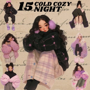 Przytulny zimny wieczór, modny strój clipart, naklejka cyfrowa, dziennikarstwo, dziewczęcy przezroczysty, natychmiastowe pobieranie, moda vintage, salon