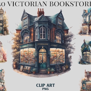 Bundle de cliparts librairie victorienne, librairie, illustration de boutique aquarelle, jolie librairie, confortable, tendance png, usage commercial, scrapbooking