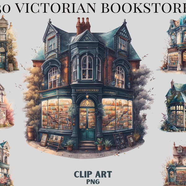 Victorian Bookstore Clipart Bundle, book shop , watercolour shop illustration, cute bookstore, cozy ,trend png, commercial use, scrapbooking