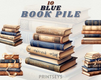 Watercolour vintage blue pile of Books clipart bundle, book png, reading clipart, bookworm clipart, library clipart, vintage , scrapbooking