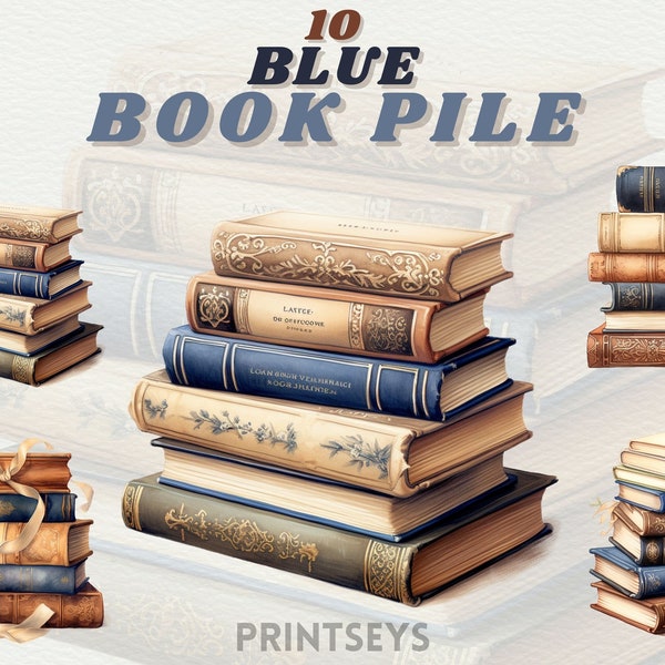 Watercolour vintage blue pile of Books clipart bundle, book png, reading clipart, bookworm clipart, library clipart, vintage , scrapbooking