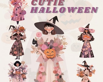 Coquette Halloween Witch clipart bundle, chic clipart, folk art, abstract, scary clipart, autumn clipart, wiccan clipart, occult, scrapbook