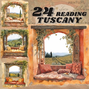 Angoli di lettura accoglienti toscani dell'acquerello, pacchetto di clipart, cottagecore, angolo di lettura italiano, download istantaneo, adesivo digitale, lettura, libri