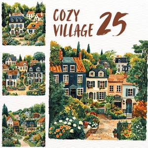 Cosy Village-stickerset, zomerstad vibesclipart-bundel, leeshoekjes leeshoekje, instant, digitale sticker, aquarelclip