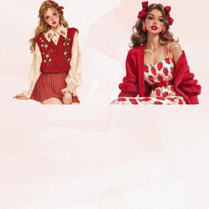 May include: Two illustrations of women in stylish outfits. One wears a red sweater vest with floral embroidery over a white blouse and a pleated red skirt. The other wears a strawberry-print dress, a red cardigan, and matching accessories.