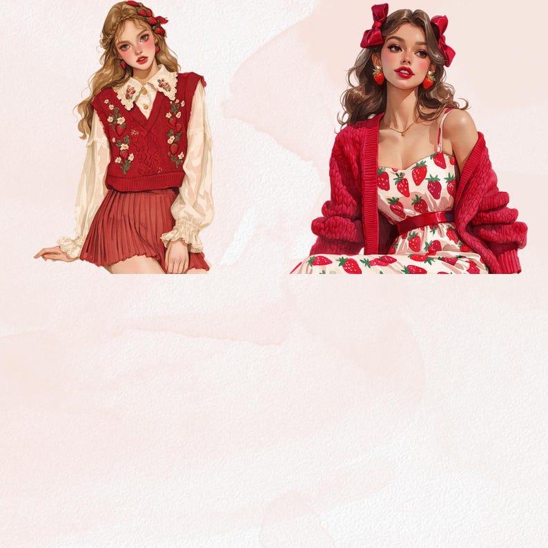May include: Two illustrations of women in stylish outfits. One wears a red sweater vest with floral embroidery over a white blouse and a pleated red skirt. The other wears a strawberry-print dress, a red cardigan, and matching accessories.