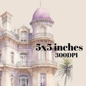May include: A watercolor painting of a large, ornate, light purple and cream-colored building with a palm tree in the foreground. The building has a domed roof and many windows. The text "5x5 inches 300DPI" is printed on the image.