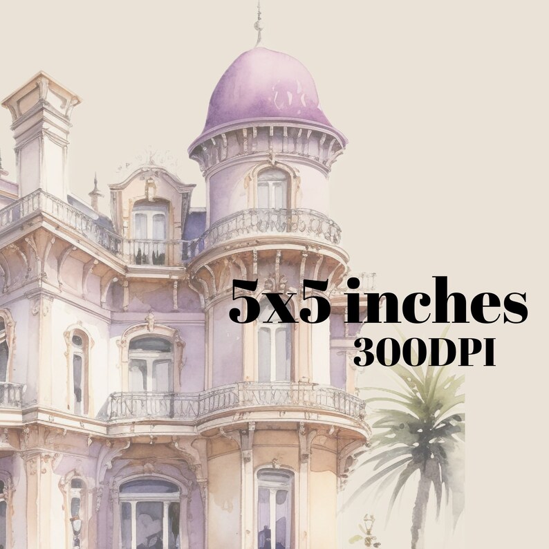 May include: A watercolor painting of a large, ornate, light purple and cream-colored building with a palm tree in the foreground. The building has a domed roof and many windows. The text "5x5 inches 300DPI" is printed on the image.