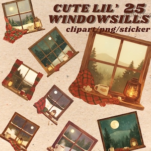 Cozy Winter Windowsill clipart bundle, winter window, scrapbooking,books, winter scenery, transparent, cozy winter, cottagecore, houseplants