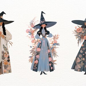 May include: Three witches in black pointed hats and floral dresses hold bouquets of flowers and pumpkins. The witches are wearing different colored dresses: white, blue, and green. The background is a white textured surface.