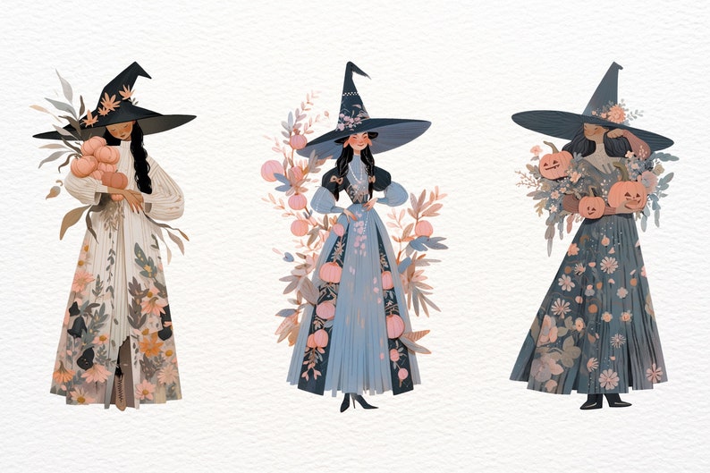 May include: Three witches in black pointed hats and floral dresses hold bouquets of flowers and pumpkins. The witches are wearing different colored dresses: white, blue, and green. The background is a white textured surface.