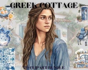 Watercolour Greek Cottagecore Clipart Bundle , Cottage living, farm life, countryside, chickens, rustic living, greek clipart