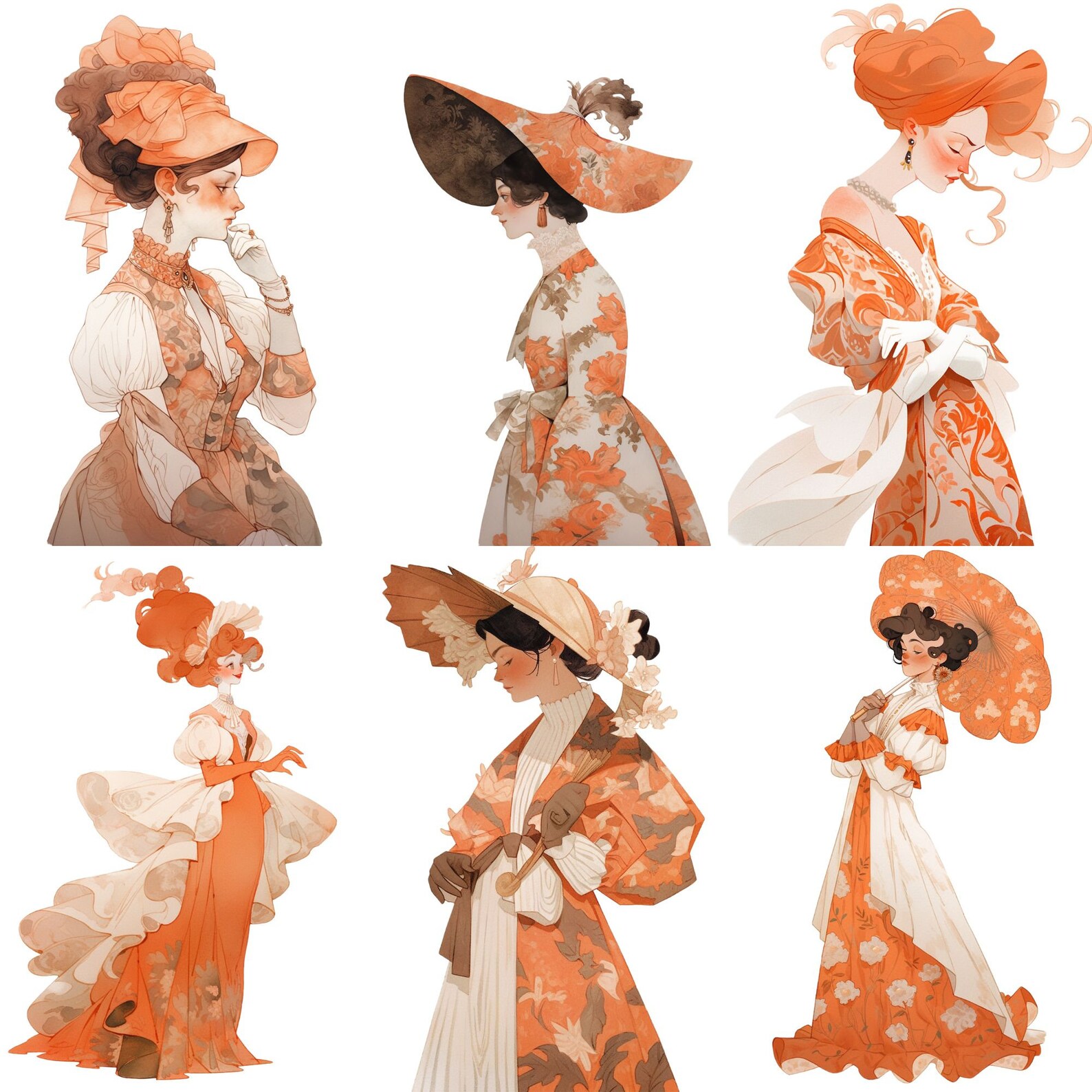 Burnt Orange Royal Ladies Clipart Bundle, Regency,rococo, Victorian Png ...