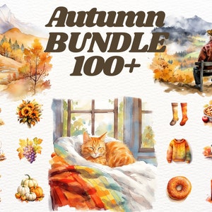 Watercolour Autumn Clipart Bundle, Cozy Autumn clipart, fall clipart, cottagecore autumn clipart, rustic autumn png