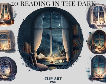 Watercolour night reading cozy reading corner clipart bundle, bookshelf, bookcase, aesthetic, png, clipart bundle, library, interiour