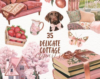 Rustic Cottagecore Watercolor Clipart Set Cozy Cottage Digital Stickers, Vintage Aesthetic PNG, Planner Graphics Instant Download Commercial