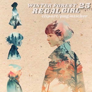 Paquete de pegatinas digitales de acuarela de Forest Winter Girl, clipart de nieve caprichosa, png oculto wiccan, fondo transparente, descarga instantánea