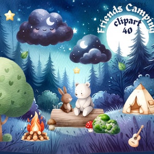 Schattige kampeerdieren clipart bundel, boscamping digitale stickers, kampeerspullen png, nacht in het bos, bos scrapbooking, journaling