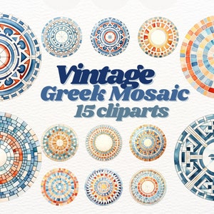 Pacchetto Clipart mosaico greco vintage acquerello, arredamento vintage per la casa, mosaico anient, arredamento greco, scrapbooking, png greco, clipart geometrica